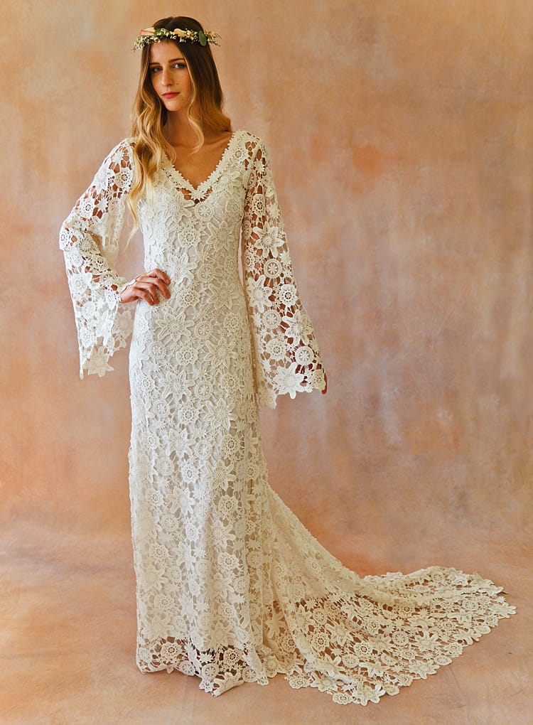  Boho  Crochet Bell Sleeves Lace Gown  Dreamers and Lovers