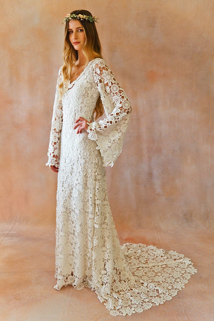  Boho  Crochet Bell Sleeves Lace  Gown Dreamers and Lovers