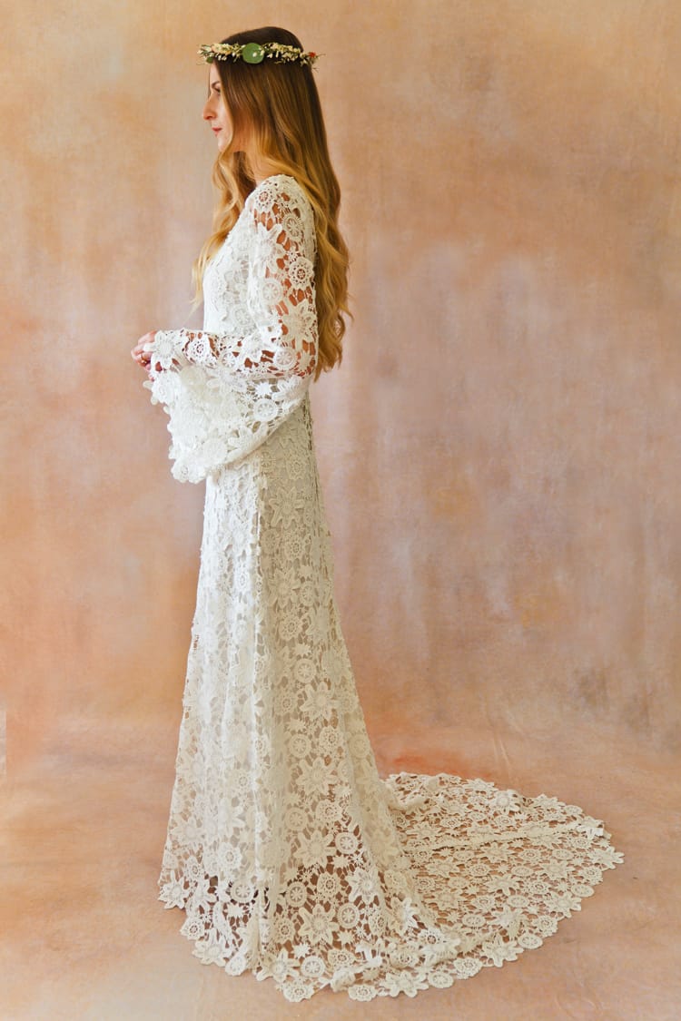  Boho  Crochet Bell Sleeves  Lace  Gown  Dreamers and Lovers