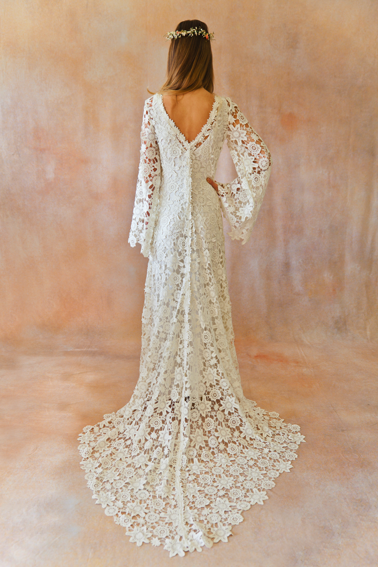 Boho Crochet Style Lace Gown with Bell Sleeves | Dreamers and Lovers