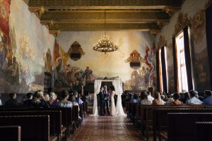 boho-wedding-santa-barbara-courthouse-bride-wearing-bohemian-wedding-gown-lace