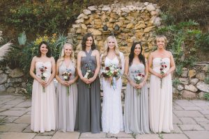 bohemian-bride-and-bridesmaids-in-mismatched-dresses