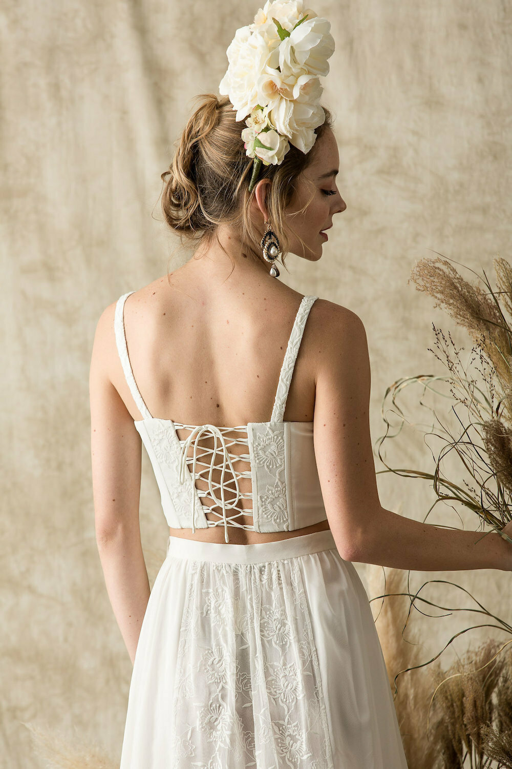 camelia silk bustier crop top 2 piece wedding dress