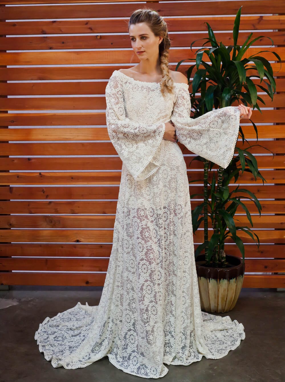 Off Shoulder Boho Lace Wedding Dress | Dreamers and Lovers