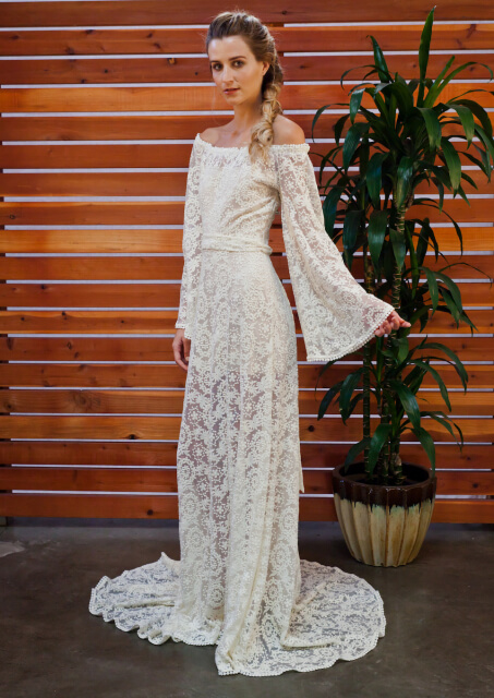 Off Shoulder Boho Lace Wedding Dress | Dreamers and Lovers