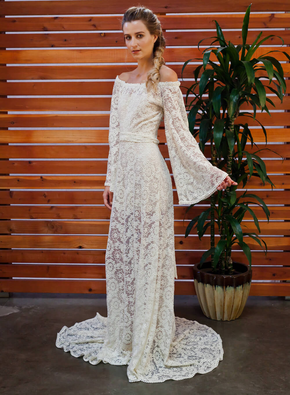 Off Shoulder Boho Lace Wedding Dress | Dreamers and Lovers