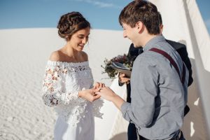 boho-bride-Malia-wearing-off-the-shoulder-crochet-lace-top-with-silk-skirt-wedding-elopement