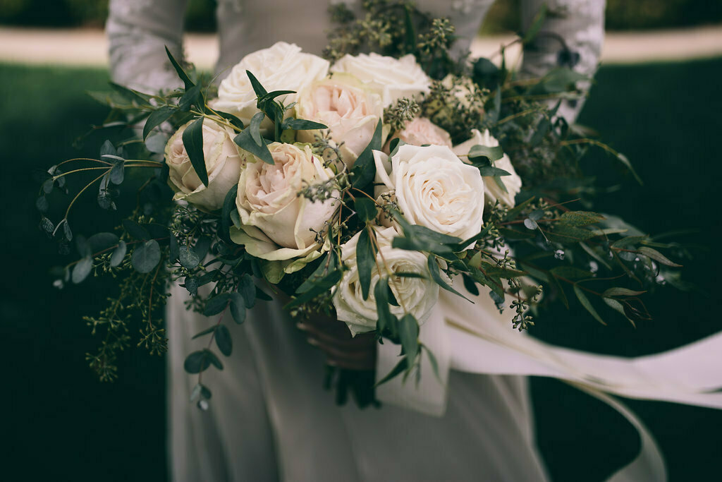 lizzy-and-dan-bohemian-wedding-flower-bouquet-with-white-roses-and-simple-greenery