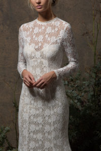 close-up-view-kristen-stretch-lace-bohemian-wedding-dress-with-sheer-long-sleeves
