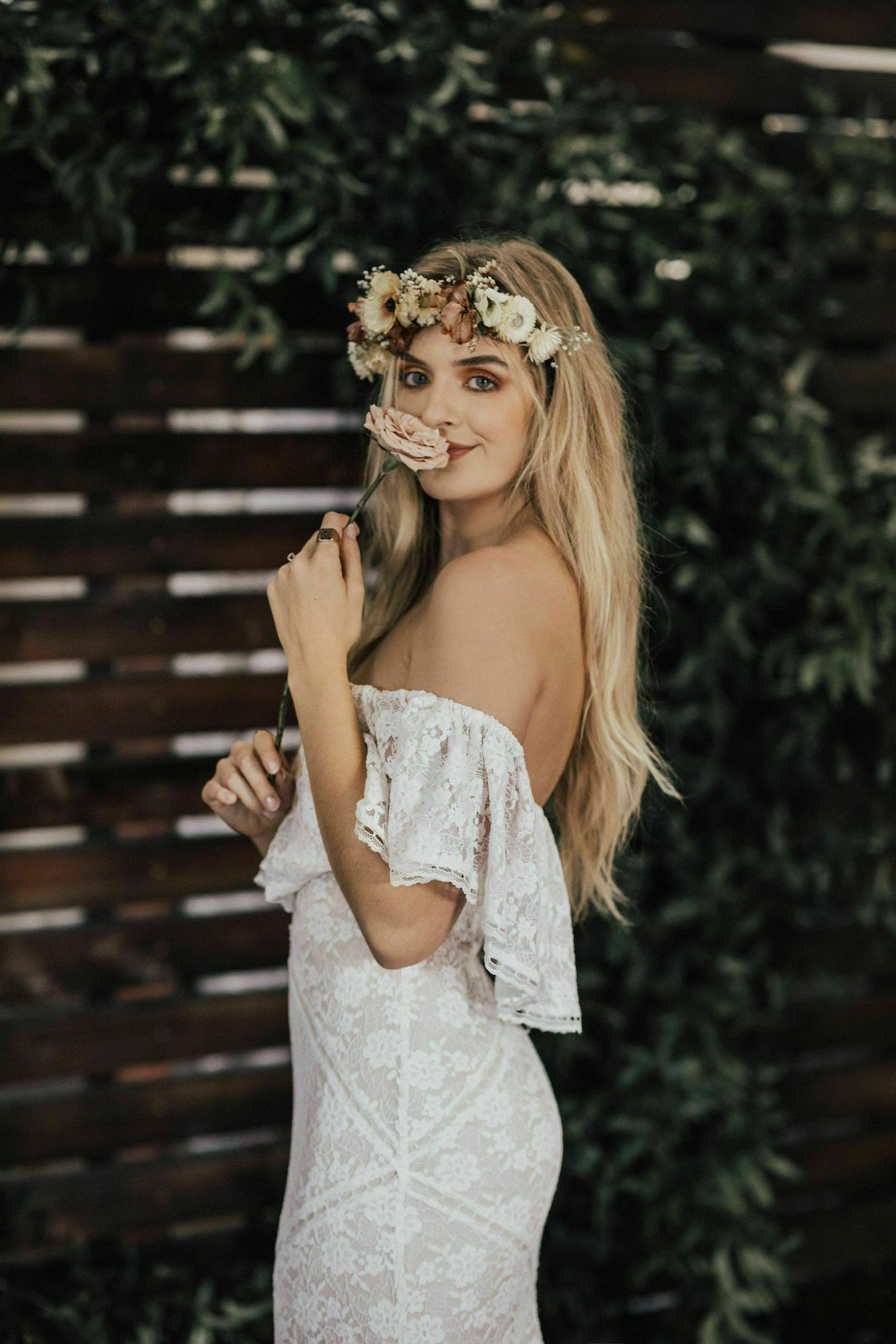 Lizzy-off-the-shoulder-stretch-lace-wedding-dress-off-white-inspo-for-boho-bride