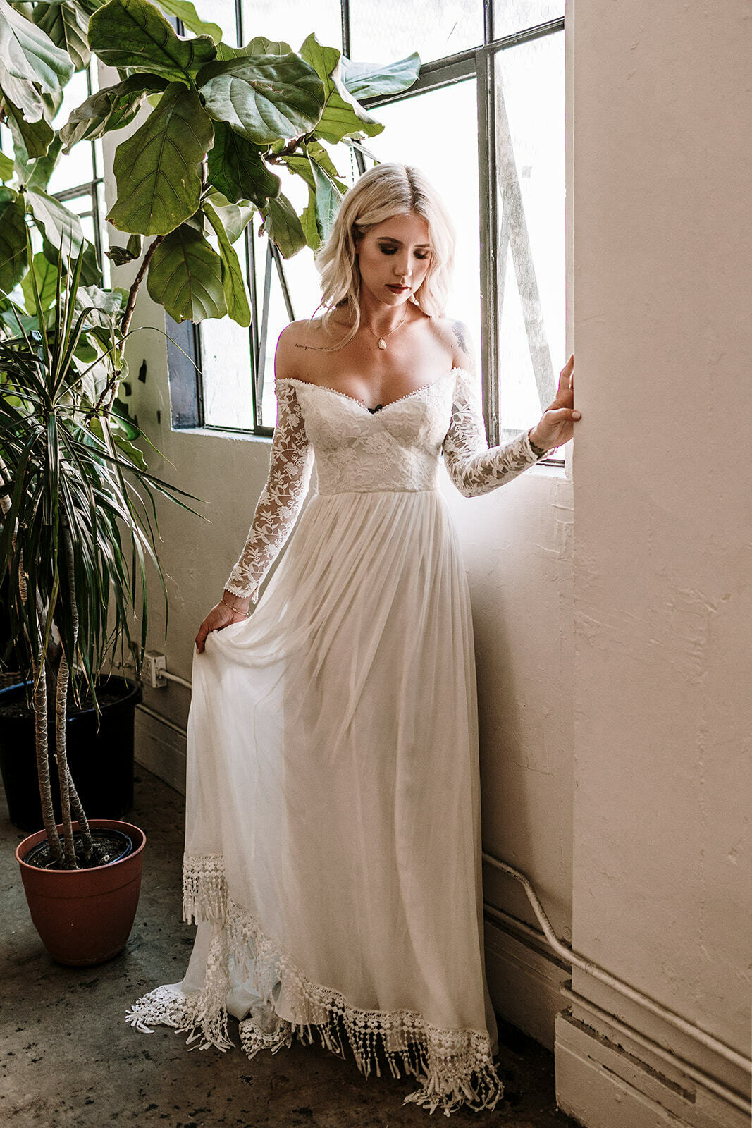 off the shoulder sleeve wedding dress