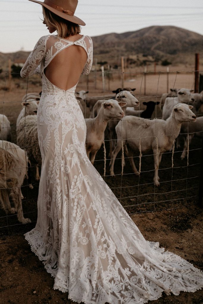Shazeem Straight Across 3D Lace Sheath Wedding Gown by Calla Blanche Bridal  | Amazing Designer Wedding Gowns
