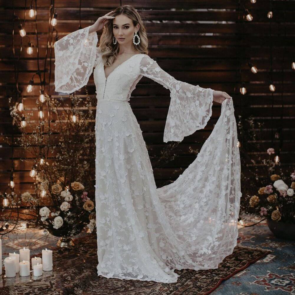 bell sleeve wedding gown