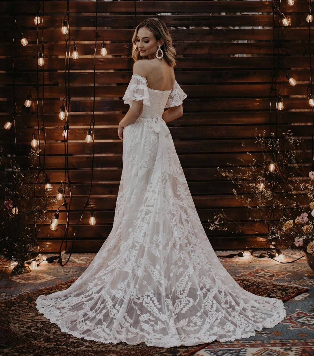 Off-The-Shoulder Lace Sheath Wedding Dress Beach Bride Gowns Custom Made Size 