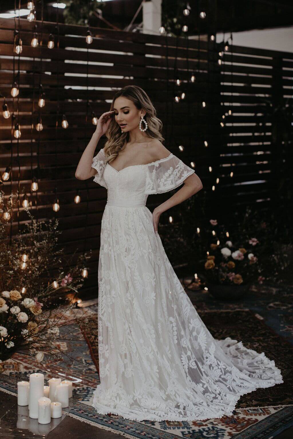 Off the Shoulder A Line Wedding Dress | Dreamers and Lovers