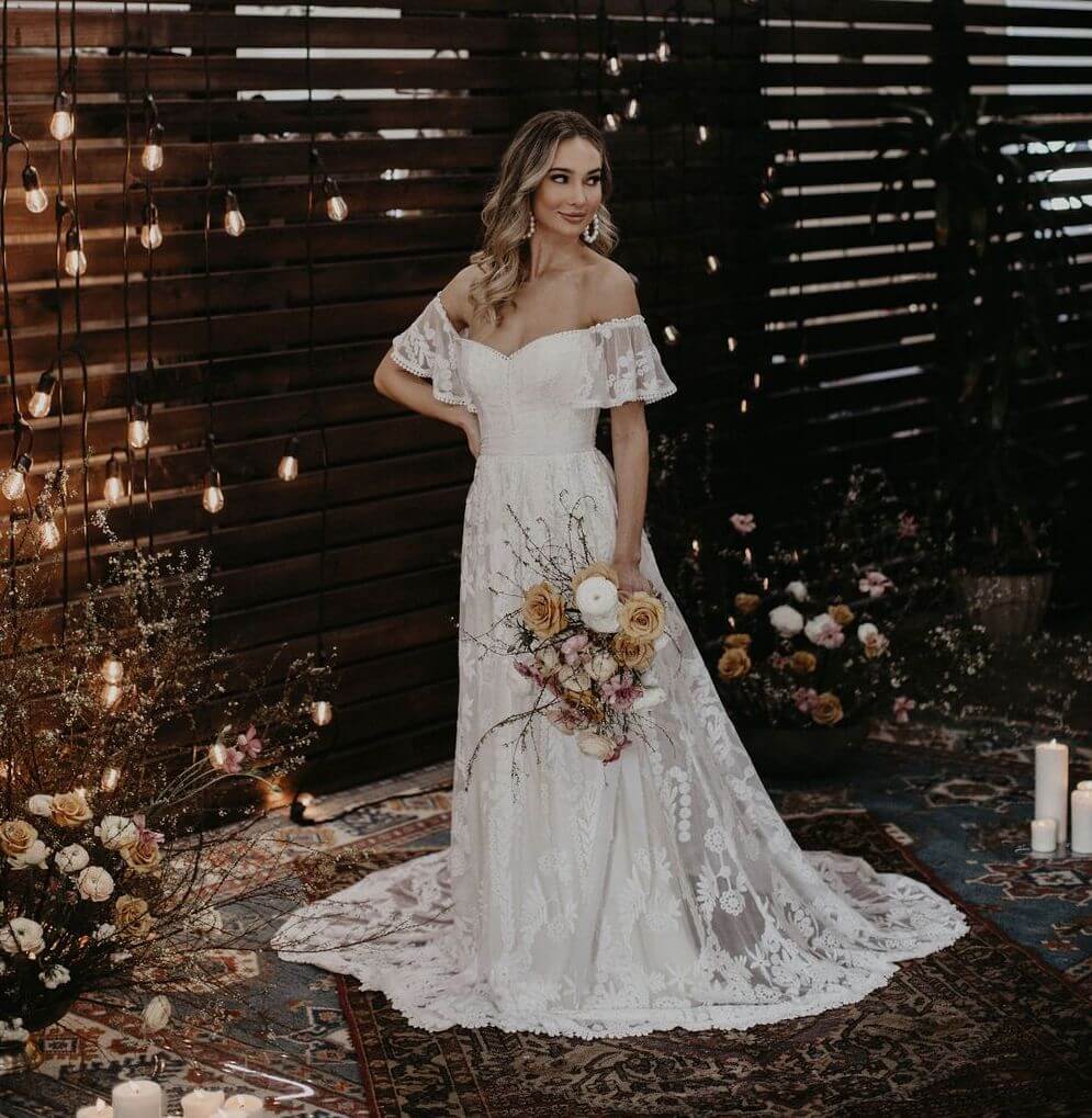 desiree boho lace off shoulder aline wedding dress | Dreamers and Lovers