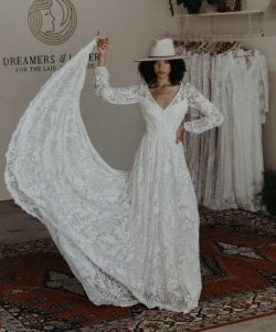 FRANCESCA V-NECK LACE WEDDING DRESS - Flowy Wedding Dress