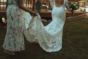 Bride Emily Wearing Lace Backyard Wedding Dress