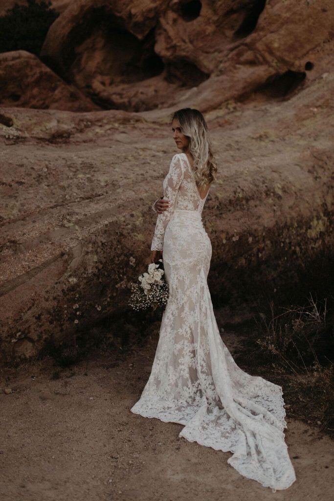 Low Back Sleeved Sheer Ivory Lace Sexy Bridal Dress - Promfy