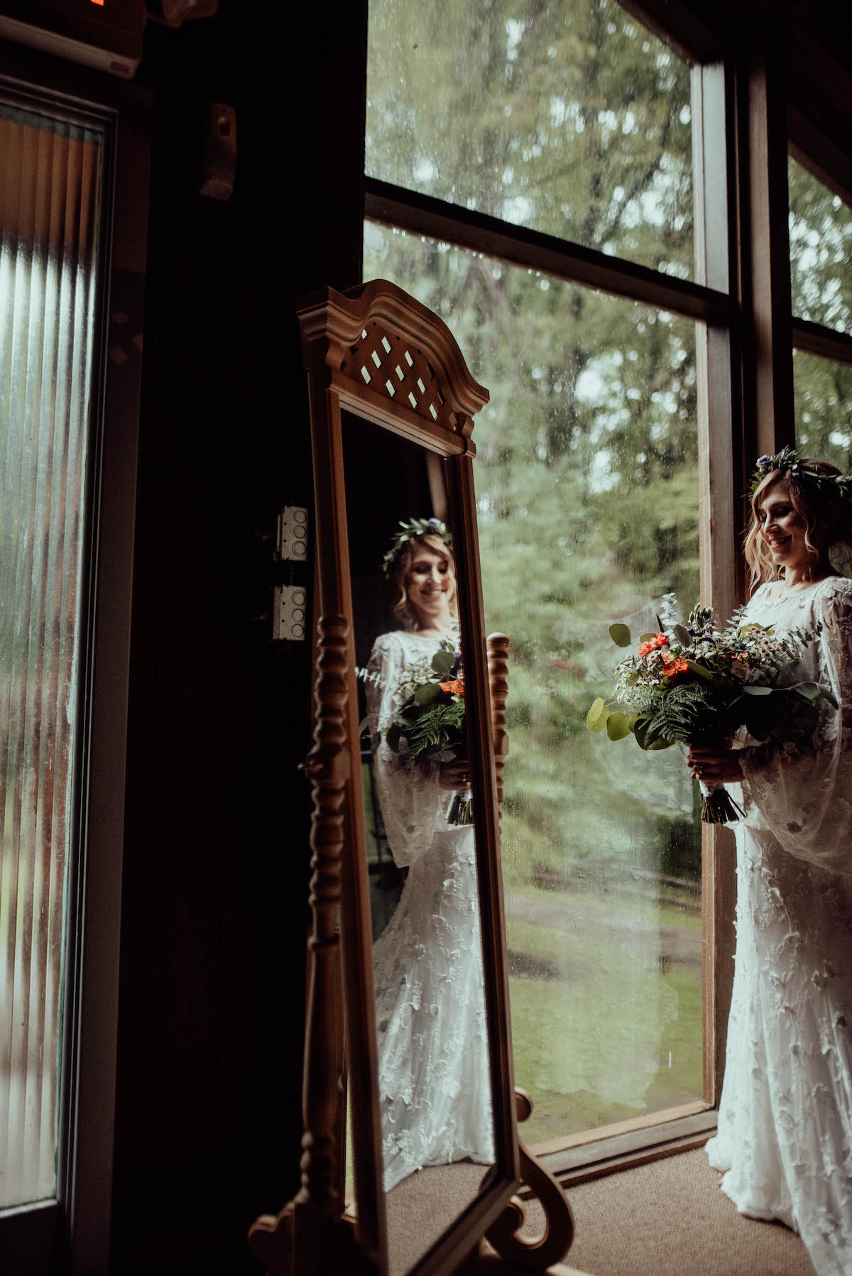 Bride Alison wearing angel sleeve lace wedding dress