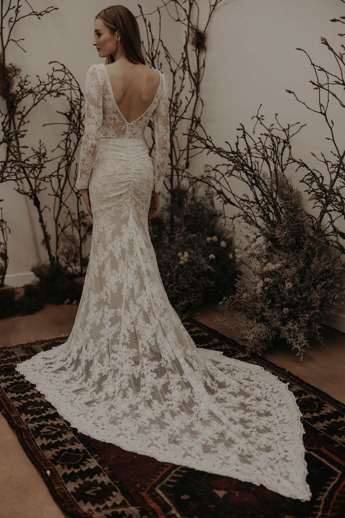 Scalloped Lace Long Sleeve Open Back Wedding Dress