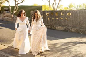 Brides-Petra-and-Sara-both-wearing-Dreamers-and-Lovers-at-Cielo-Farms-wedding-venue-in-Southern-California