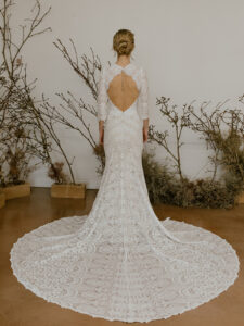 Dicover-the-new-Kate-elegant-lace-wedding-dress-with-¾-length-sleeves-high-neck-and-open-back-flattering-trumpet-fit