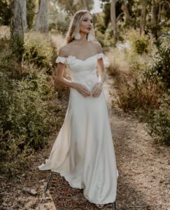 Elegant-Silk-Wedding-Dress-Off-Shoulder-Flowy-Skirt