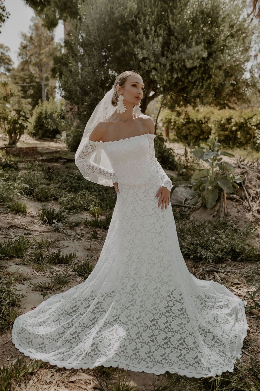 off the shoulder lace wedding dress