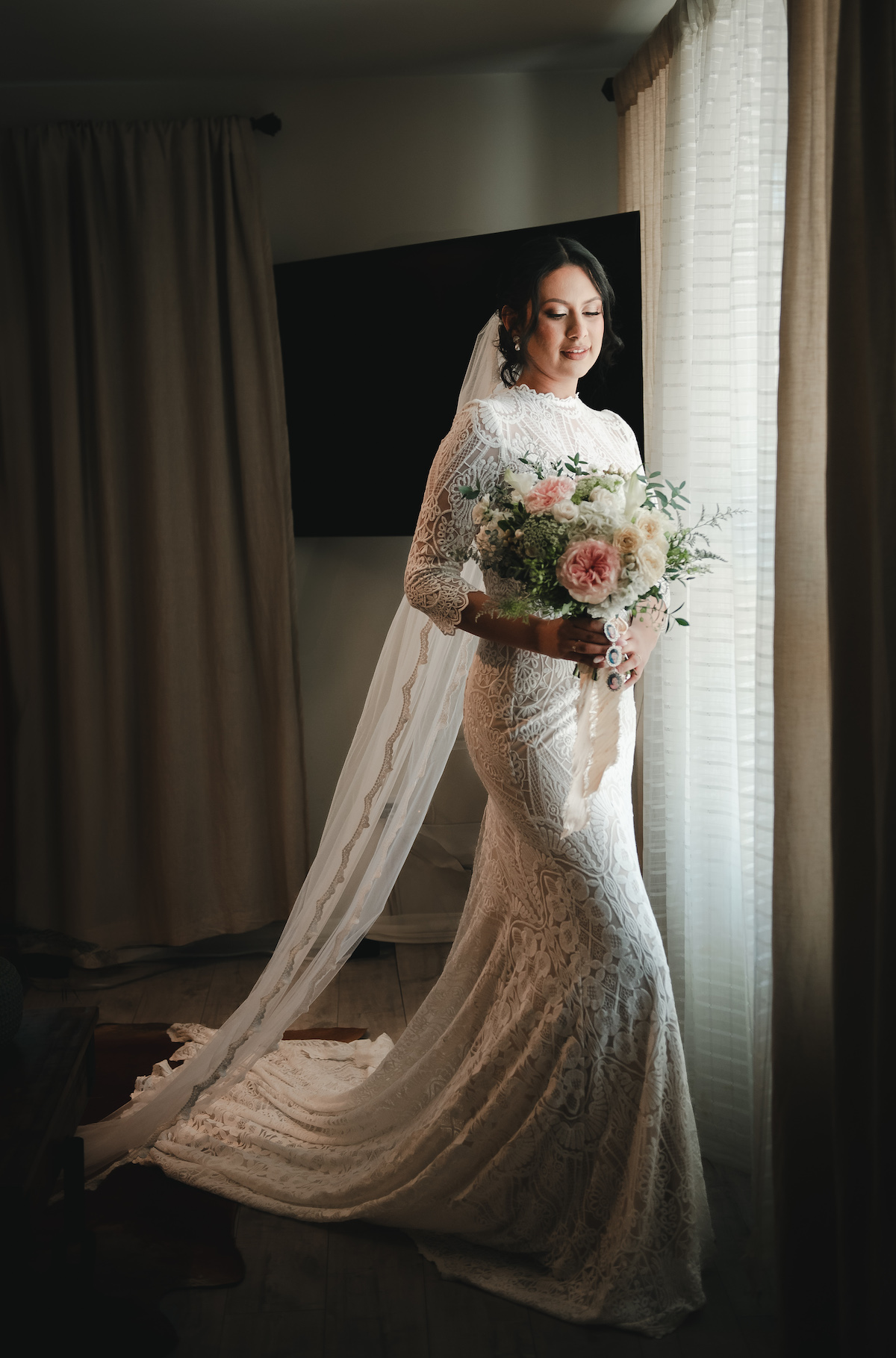 Bride Dianne wearing the Kate Fitted Wedding Dress
