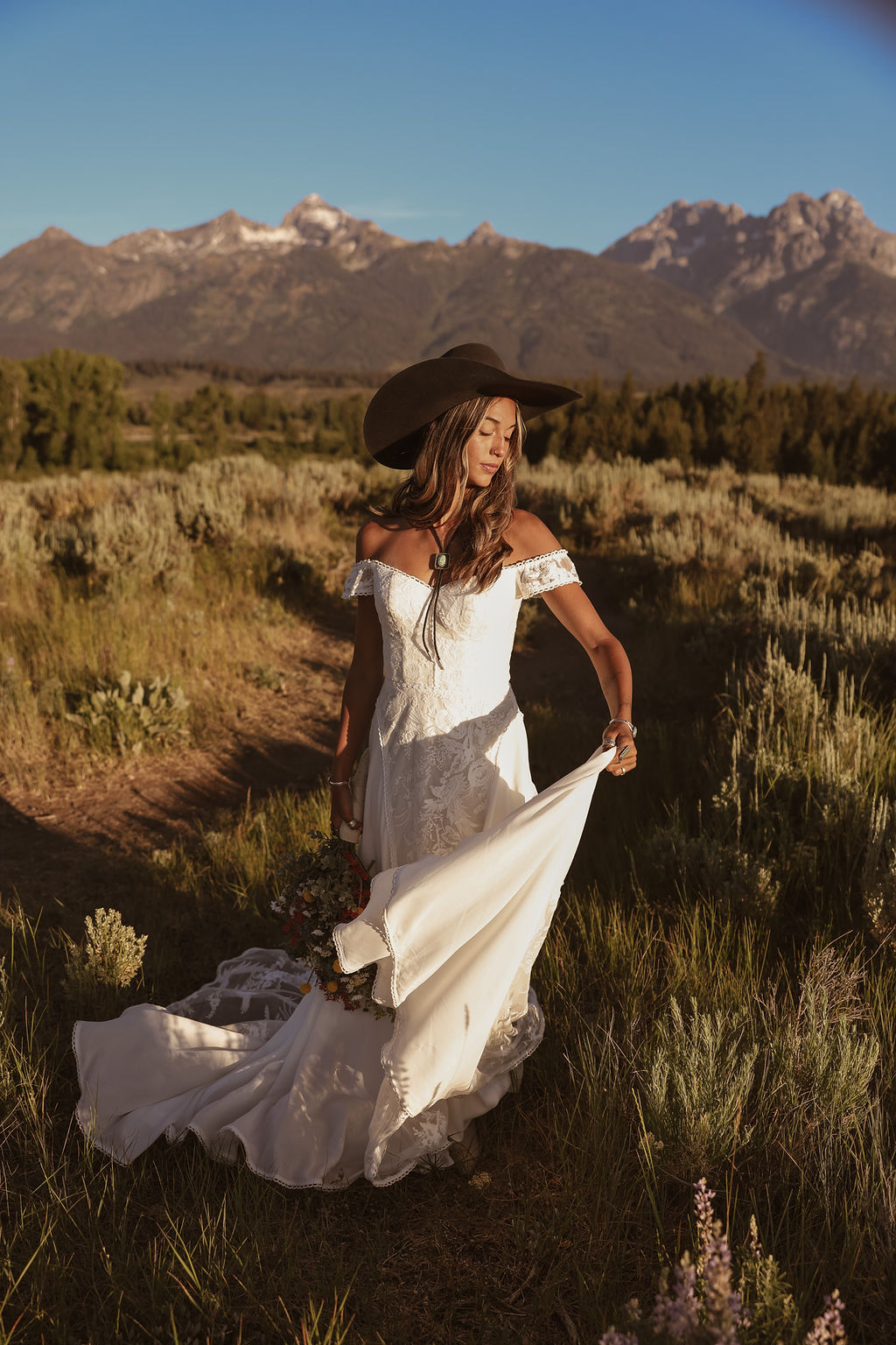 Off-the-shoulder wedding dresses handcrafted in California