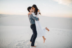 Bride Malia wearing Alana Top + Fiona Skirt bohemian-bride-elopement-at-white-sands-national-park-in-a-simple-lace-wedding-dress