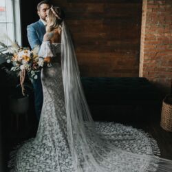 Bride Chantal wearing Aurora Gown | Photo: @sarahmeyerphoto Bride-Chantal-wearing-lace-off-the-shoulder-wedding-dress