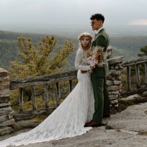 Real Bride Wearing Willow Long Sleeve Lace Wedding Dress after trying wedding dresses at home