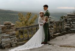 Real Bride Wearing Willow Long Sleeve Lace Wedding Dress after trying wedding dresses at home