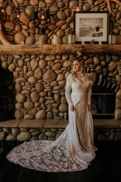 Bride Kim wearing Savannah | Photo - @WanderingWillow.Photography Gorgeous Big Bear Boho Elopement Wedding Dress