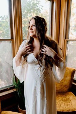 Bride Lauren wearing Celine| @HighPinesMedia Photo Bride-Lauren-wearing-Celine-silk-bell-sleeve-wedding-dress