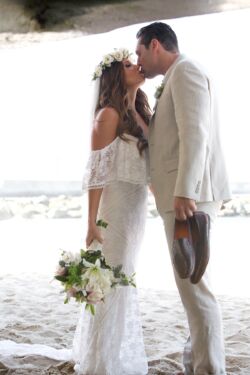 Bride Tiffany in Lizzy Dress bride-tiffany-wearing-lizzy-stretch-lace-off-shoulder-wedding-dress-at-her-beach-wedding