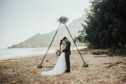 Bride Emily in Catherine with added TRAIN<br/>Photographer: Tessa Tadlock bride-wearing-dreamers-and-lovers-catherine-dress-with-train-hawaii-beach-weddings
