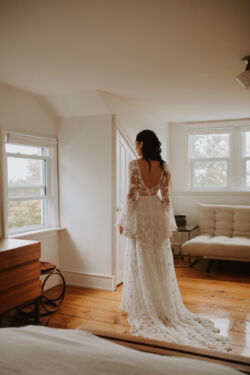 Bride Kaili wearing Dawn Dress| Jennifer See Studios Bride Wearing Lace Bell Sleeve Wedding Dress