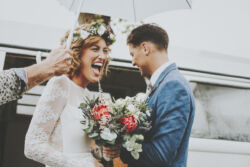 Bride Julie in Lisa Dress<br/>Color: Off-White Lace + Ivory Liner bride-wearing-lisa-dress-with-huge-smiles-and-flower-crown