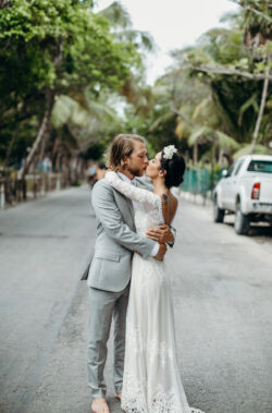Lisa Dress with Nude Colored Liner<br/>Photographer: Katie Edward Photography Carolina-wearing-the-backless-long-sleeves-Lisa-lace-dress-for-her-destination-Tulum-wedding