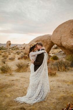 Christiane wearing Meredith | @sarahlindaphotography real-bride-Christiane-wearing-fringe-wedding-dress-for-Joshua-Tree-elopement