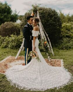 Bride Zoe wearing Callista| dreamy-new-york-boho-wedding-bride-in-off-shoulder-lace-gown