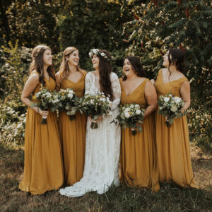 Real Bride wearing Slowy Lace Boho Long Sleeve Wedding Dress With Her Bridesmaids Golden Yellow